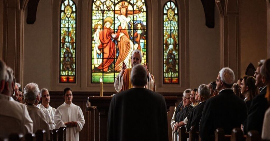 Grupa katolicka słuchająca przemowy w tradycyjnym kościele z ołtarzem i witrażami