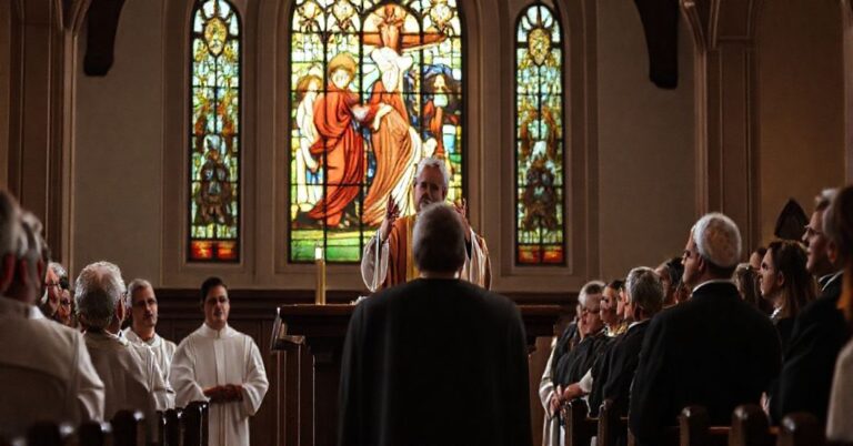 Grupa katolicka słuchająca przemowy w tradycyjnym kościele z ołtarzem i witrażami