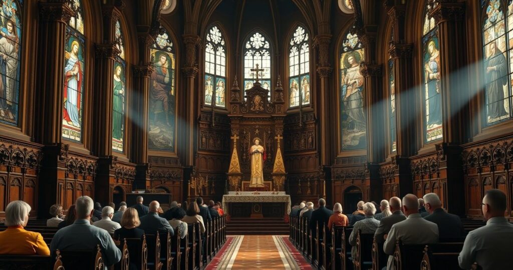 Wnętrze katolickiego kościoła z ołtarzem i wiernymi w modlitwie, podkreślające tradycyjną i poważną atmosferę liturgii katolickiej