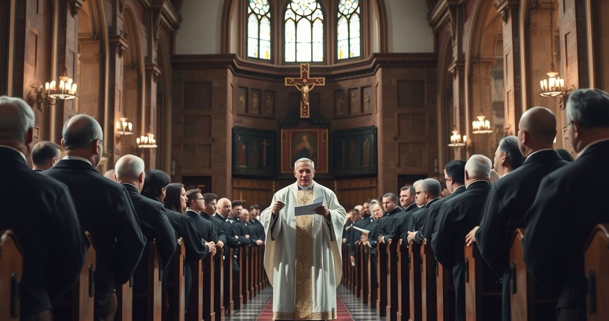 Obraz realistycznej katolickiej liturgii w kościele, z kapłanem głoszącym kazanie, oddający powagę i wierność tradycyjnym wartościom Kościoła