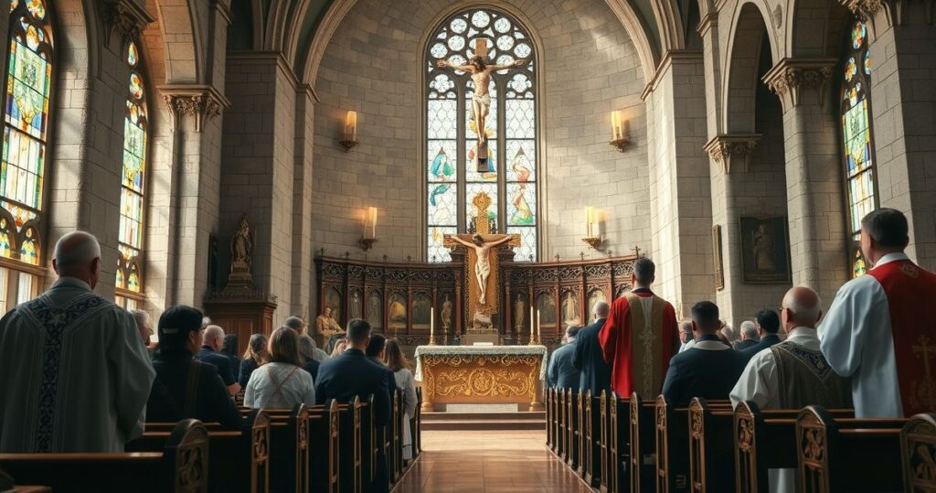 Obraz katolickiego kościoła z ołtarzem i księżmi w vestis, wyrażający pobożność i wierność tradycji katolickiej