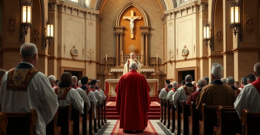 Realistyczne zdjęcie katolickiego kościoła z duchownymi w tradycyjnych szatach, skupione na poważnym kazaniu, odzwierciedlające odrzucenie modernizmu i herezji w Kościele