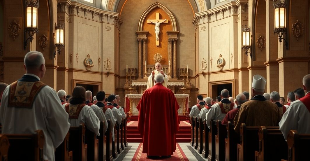 Zdjęcie katolickiego kościoła z duchownymi w tradycyjnej liturgii Realistyczne zdjęcie katolickiego kościoła z duchownymi w tradycyjnych szatach, skupione na poważnym kazaniu, odzwierciedlające odrzucenie modernizmu i herezji w Kościele