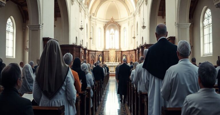 Sanktuarium katolickie z kapłanami i wiernymi podczas Mszy świętej, ukazujące tradycyjną, pełną szacunku atmosferę, kontrastującą z nowoczesnymi wpływami technologii i świeckiego humanizmu