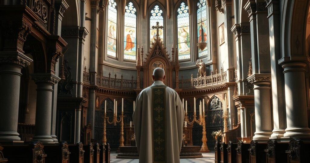 Obraz kościoła katolickiego z kapłanem w liturgicznym nakryciu głowy, stojącym przy ołtarzu, symbolizujący szacunek dla prawa naturalnego i porządku Bożego