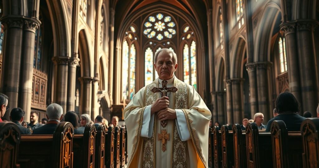 Religijny obraz katolicki ukazujący kapłana w tradycyjnych szatach podczas modlitwy w kościele, podkreślający powagę i odwieczną wiarę