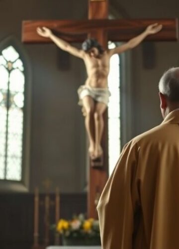 Tradycyjny katolicki obraz krzyża i kapłana w obronie wiary Obraz katolickiego kapłana stojącego przed dużym krucyfiksem, symbolizujący wierność tradycji i sprzeciw wobec modernistycznych błędów
