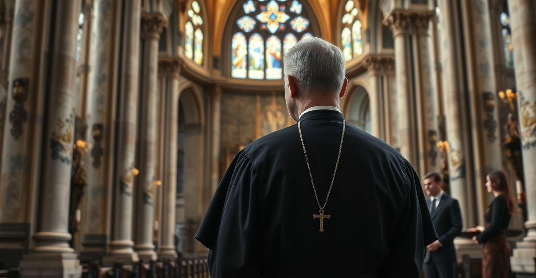 Tradycyjny katolicki ksiądz podczas oficjalnego spotkania z protestanckim liderem Tradycyjny katolicki ksiądz w sutannie podczas oficjalnego spotkania z protestanckim przywódcą w świątyni, ukazujący powagę i wierność naukom Kościoła