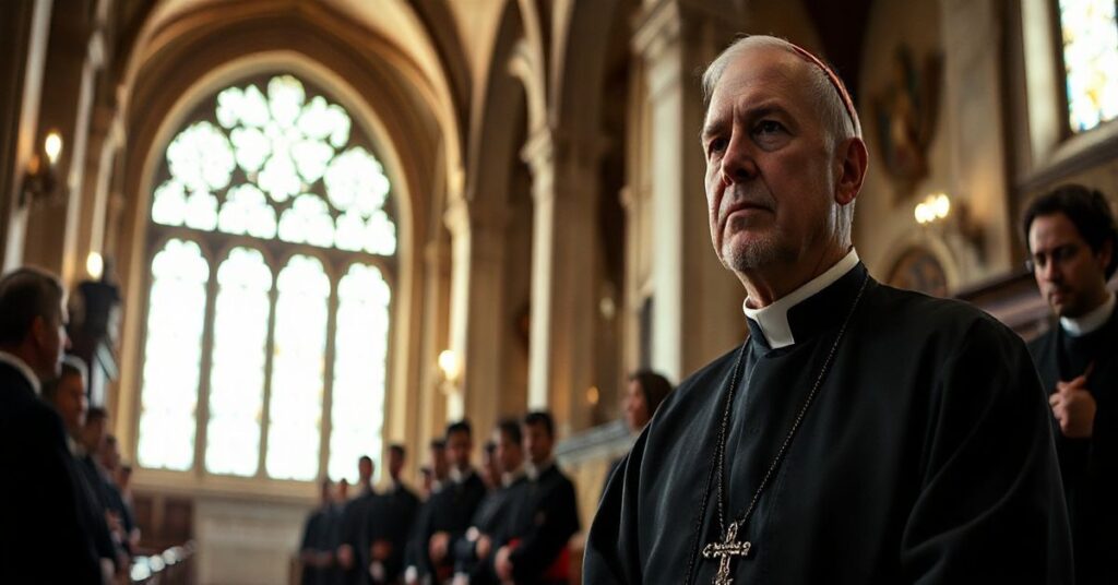 Reverentny katolicki ksiądz w historycznym kościele, wyraz moralnego konfliktu wobec współczesnych ideologii, symbolizm prawdy i moralności w obliczu totalitarnej tyranii
