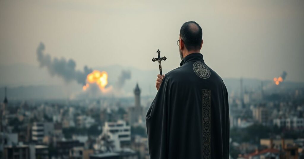 Katolicki ksiądz w tradycyjnych szatach modli się przed niszczonym miastem w Iranie na tle wybuchów i dymu, symbolizując duchową pustkę współczesnych konfliktów politycznych.