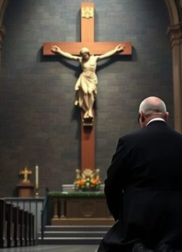 Tradycyjny katolicki ksiądz modli się w kościele przy krucyfiksie Katolicki ksiądz w czarnej sutannie modlący się przed krucyfiksem w kościele, wyraz powagi i duchowej troski