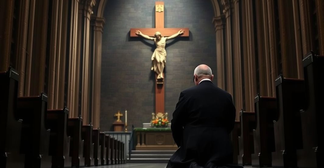 Tradycyjny katolicki ksiądz modli się w kościele przy krucyfiksie Katolicki ksiądz w czarnej sutannie modlący się przed krucyfiksem w kościele, wyraz powagi i duchowej troski