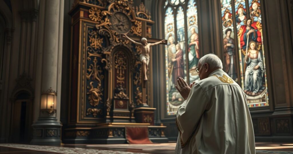 Catholic ksiądz modli się przed krucyfiksem, ukazując troskę o moralność i tradycję w obliczu nowoczesnych polityk zdrowotnych