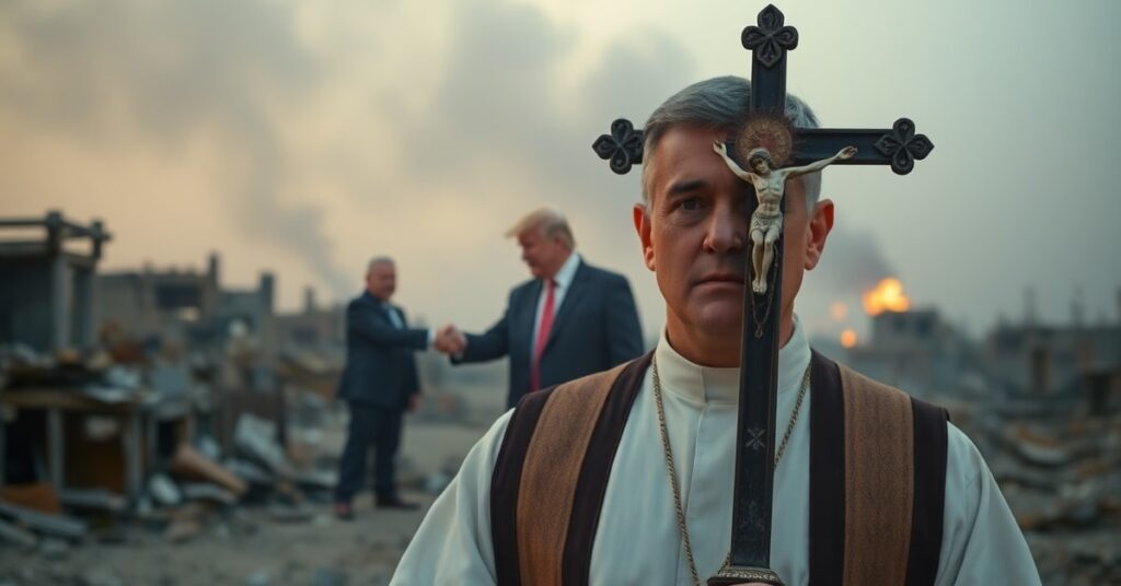 Ksiądz katolicki w tradycyjnych szatach stoi na tle zniszczonego krajobrazu Bliskiego Wschodu z krzyżem podniesionym do góry, symbolizując nadzieję w czasie konfliktu.