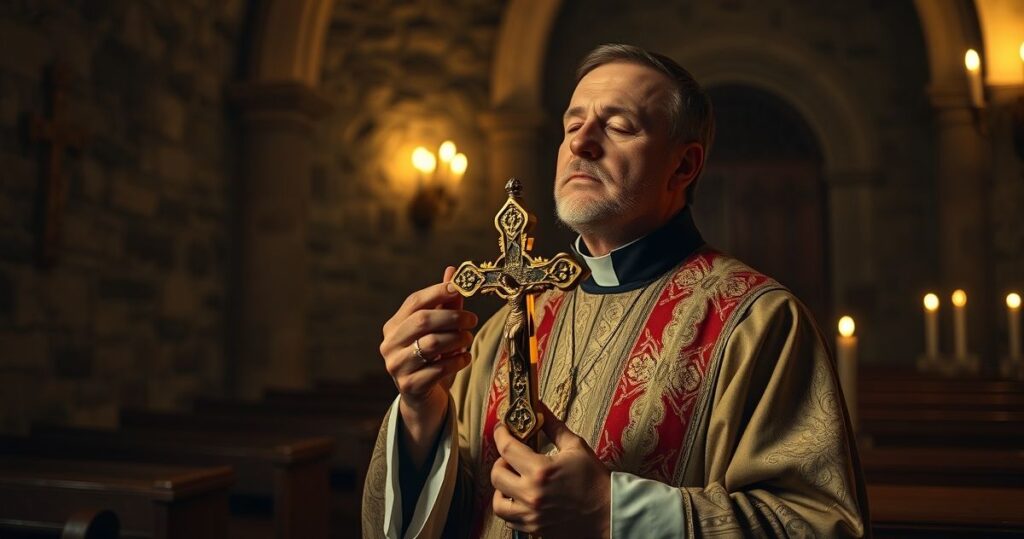 Katolicki ksiądz w modlitewnym geście podczas czuwania w kościele, symbolizujący duchową walkę i potrzebę powrotu do Boga