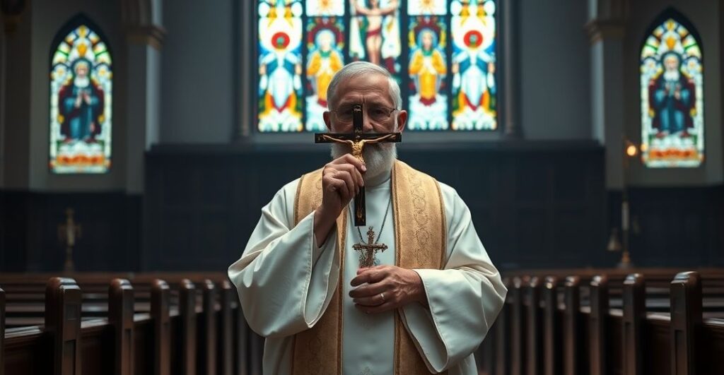 Prawdziwa scena katolickiego księdza w świątyni, rozważającego eschatologię i sprawiedliwość Bożą, w atmosferze powagi i modlitwy