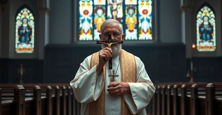Prawdziwa scena katolickiego księdza w świątyni, rozważającego eschatologię i sprawiedliwość Bożą, w atmosferze powagi i modlitwy