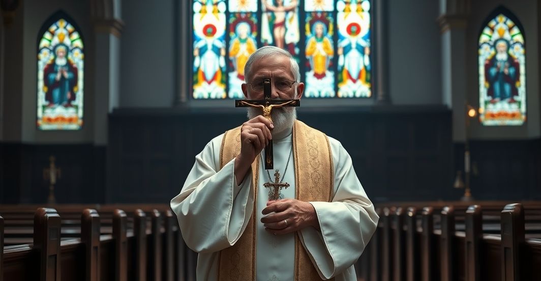 Realistyczny obraz katolickiego kapłana w modlitwie nad eschatologią Prawdziwa scena katolickiego księdza w świątyni, rozważającego eschatologię i sprawiedliwość Bożą, w atmosferze powagi i modlitwy