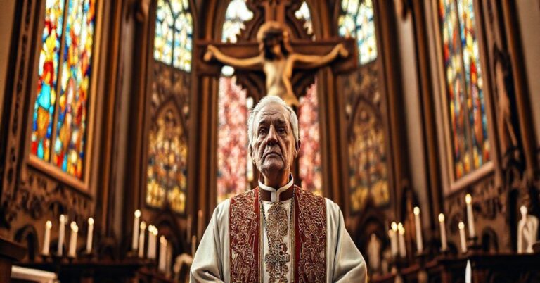 Katolicki ksiądz w liturgicznym wnętrzu kościoła rozważający moralne konsekwencje umowy handlowej z Mercosur