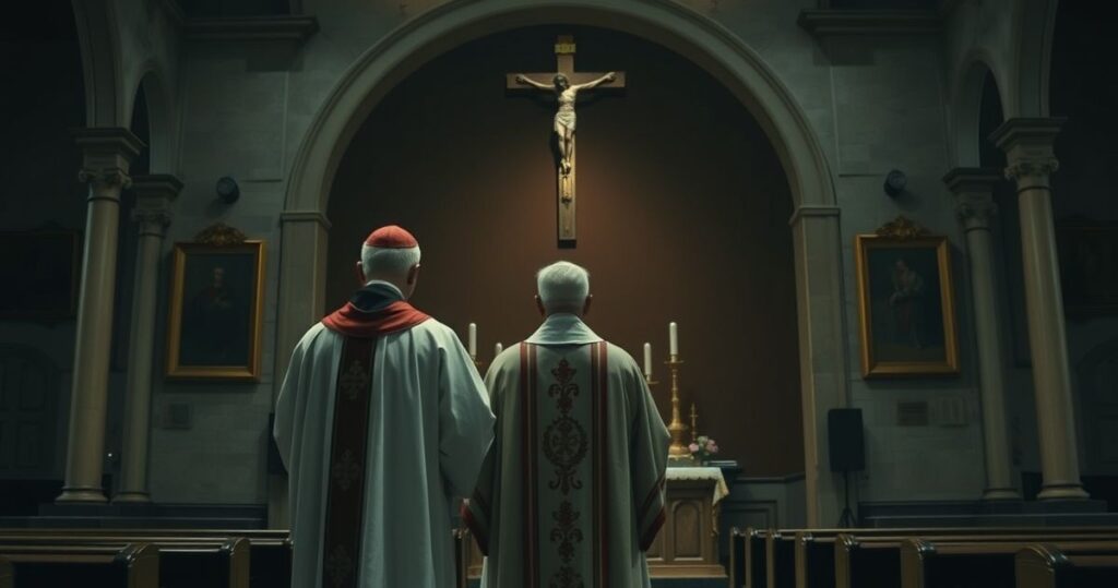 Reverent Catholic ksiądz w tradycyjnym stroju przy krzyżu w skromnym kościele, symbolizujący wierność wierze i krytykę ekumenizmu