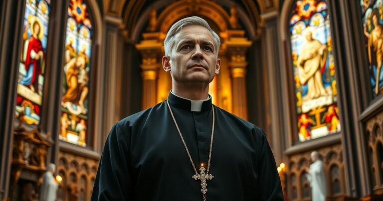 Reverent katolicki ksiądz w tradycyjnym kościele, symbolizujący autentyczną wiarę i sprzeciw wobec modernistycznej herezji