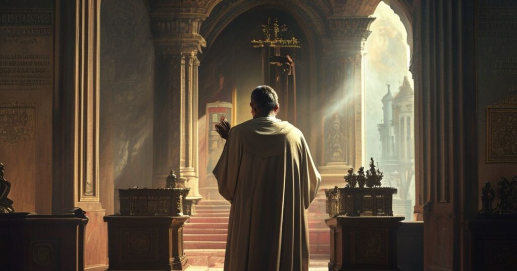 Ksiądz katolicki w tradycyjnych szatach modli się przed ołtarzem z krzyżem, na tle konturów budynku UE i świątyni indyjskiej, symbolizując konflikt umowy handlowej z apostazją