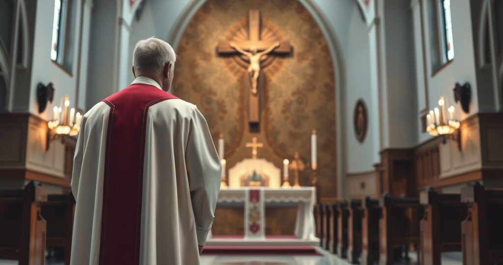 Reverent katolicki ksiądz w tradycyjnych szatach przed ołtarzem, wyraz troski i krytyki wobec modernistycznych zmian w Kościele