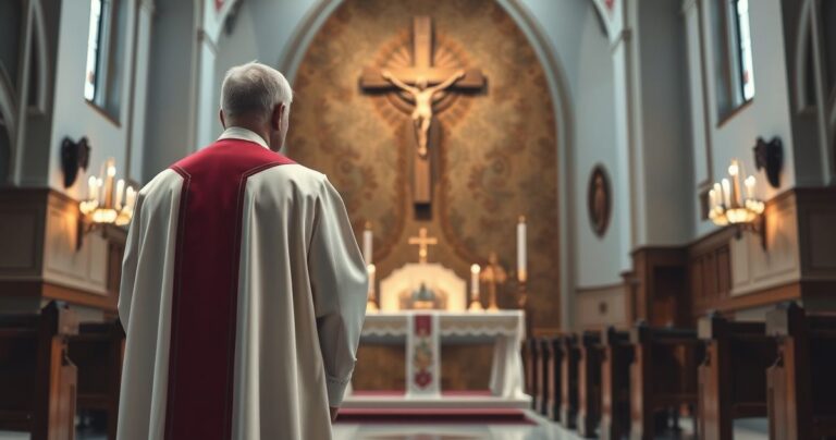 Reverent katolicki ksiądz w tradycyjnych szatach przed ołtarzem, wyraz troski i krytyki wobec modernistycznych zmian w Kościele