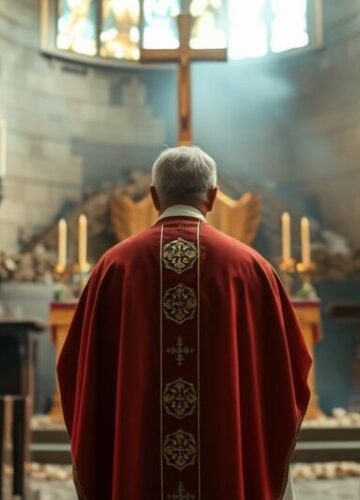 Przejęcie Kościoła katolickiego w Kamerunie po ataku islamistów Katolicki ksiądz przed zniszczonym kościołem z widocznymi śladami po ataku, wyrażający smutek i wiarę, odzwierciedlając ofiary i zagrożenia dla Kościoła katolickiego w Kamerunie