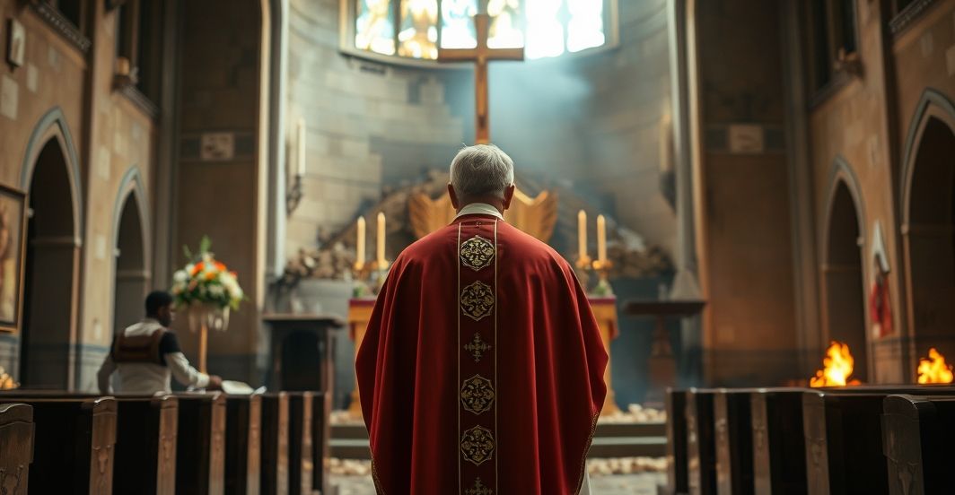 Katolicki ksiądz przed zniszczonym kościołem z widocznymi śladami po ataku, wyrażający smutek i wiarę, odzwierciedlając ofiary i zagrożenia dla Kościoła katolickiego w Kamerunie