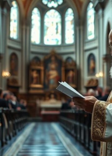 Reverent Catholic Scene symbolizująca odrzucenie laickości i obronę Królestwa Chrystusa Catholic ksiądz w tradycyjnym stroju odczytuje dokument w sakralnym wnętrzu kościoła, symbolizując odwagę wobec laickiej rewolucji.