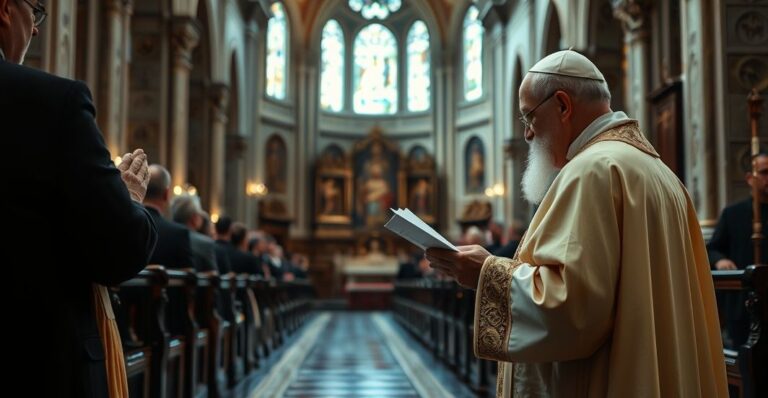 Catholic ksiądz w tradycyjnym stroju odczytuje dokument w sakralnym wnętrzu kościoła, symbolizując odwagę wobec laickiej rewolucji.