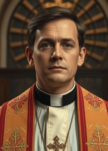 Katolicki kapłan w kościele jako symbol prawdziwej wiary i krytyki protestantyzmu Katolicki ksiądz w tradycyjnym habicie w wnętrzu kościoła, refleksyjny i poważny, podkreślający wagę wiary i krytykę protestantyzmu