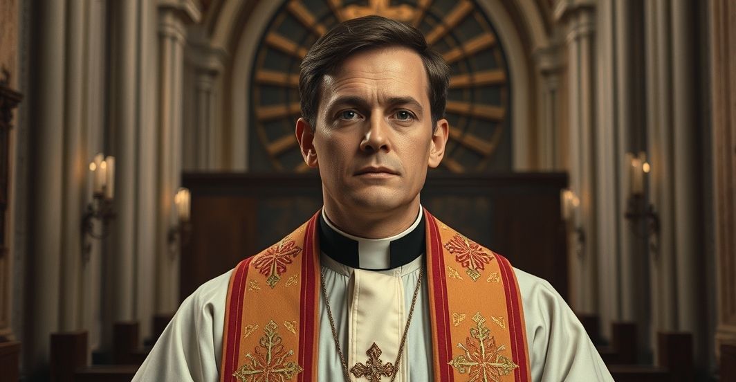 Katolicki ksiądz w tradycyjnym habicie w wnętrzu kościoła, refleksyjny i poważny, podkreślający wagę wiary i krytykę protestantyzmu
