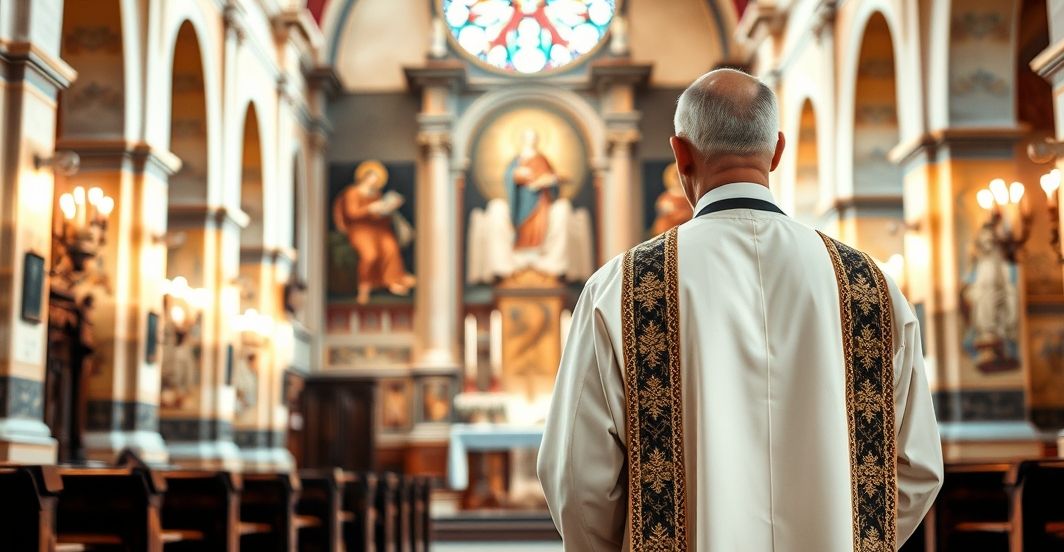 Katolicki duchowny w tradycyjnych szatach w starym kościele, podkreślający krytykę polityki rządu wobec dziedzictwa katolickiego