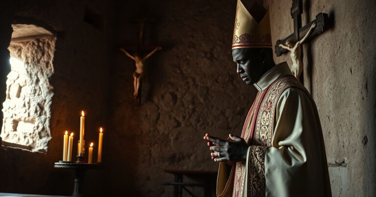 Tradycyjny katolicki ksiądz modlący się w starożytnym kościele w Burkina Faso, symbol wiary i duchowej wytrwałości w obliczu przemocy dżihadystów