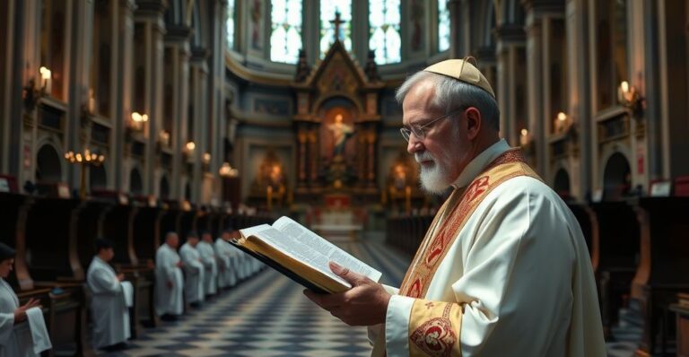Słowa kapłana w tradycyjnym kościele podczas nabożeństwa, ukazujące oddanie i powagę w katolickiej liturgii