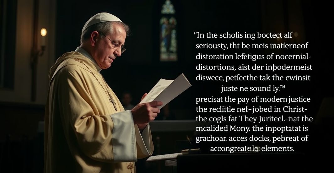 Tradycyjny katolicki ksiądz broni prawdziwej sprawiedliwości przed modernistycznymi herezjami Ksiądz w tradycyjnych szatach czyta dokument w kościele, symbolizując obronę prawdziwej sprawiedliwości katolickiej przeciw nowoczesnym herezjom