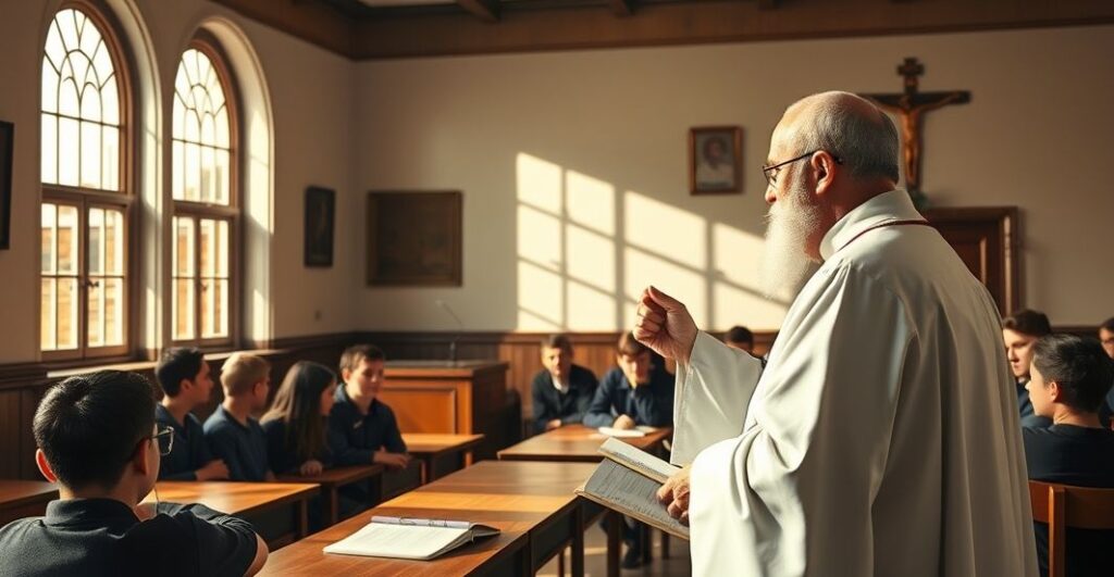 Tradycyjny katolicki ksiądz w klasie, głęboka wiara i powaga, kontrast wobec nowoczesnych prób sekularyzacji edukacji