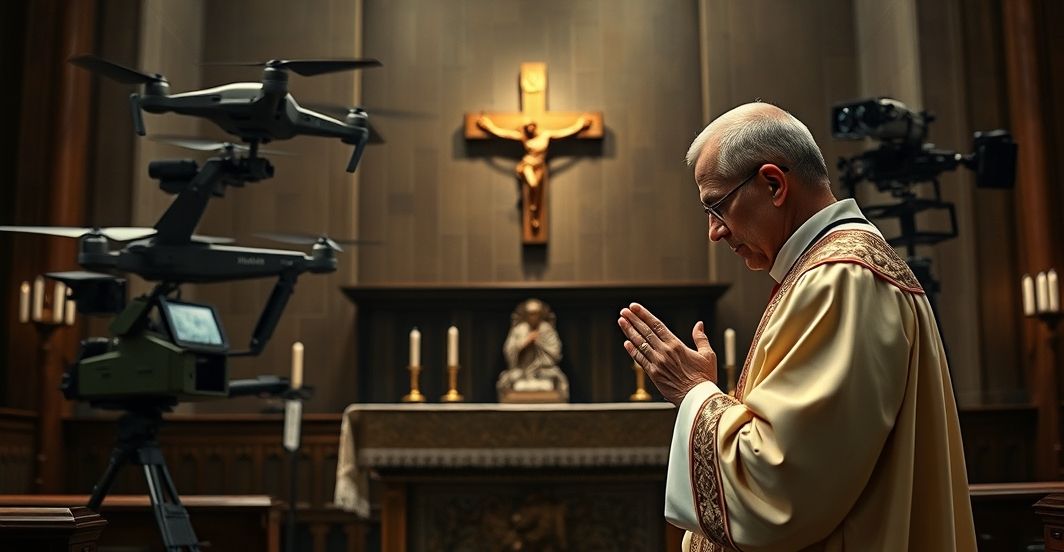 Katolicki kapłan i militarne technologie bez Chrystusa Króla Katolicki ksiądz modlący się przed ołtarzem z technologiami militarnymi, symbolizujący brak uznania Chrystusa Króla nad obroną narodową