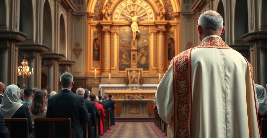 Poważny katolicki ksiądz w tradycyjnych szatach przed ołtarzem, symbolizujący autentyczną wiarę katolicką w kontrze do nowoczesnych błędów, w majestatycznym wnętrzu kościoła