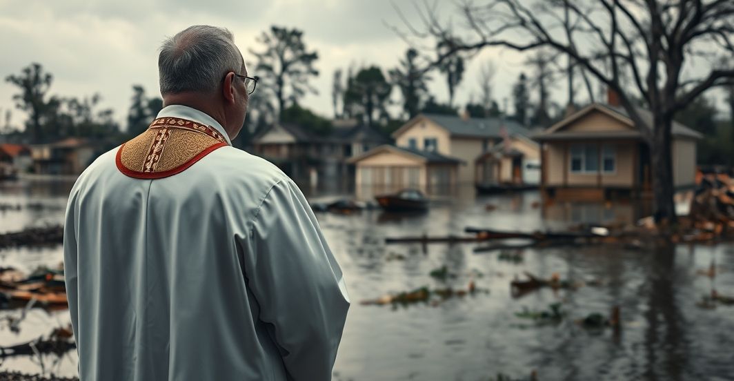 Fotografia katolicka ukazująca powódź i duchową refleksję Reverentna fotografia katolickiego księdza przed zalanym terenem z zniszczonymi domami, ukazująca powagę i krytykę braku duchowego wymiaru katastrofy