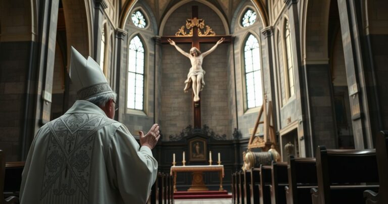Realistyczne, pełne szacunku zdjęcie katolickiego księdza modlącego się przed krzyżem w kościele, ukazujące duchową głębię i tradycję katolicką.
