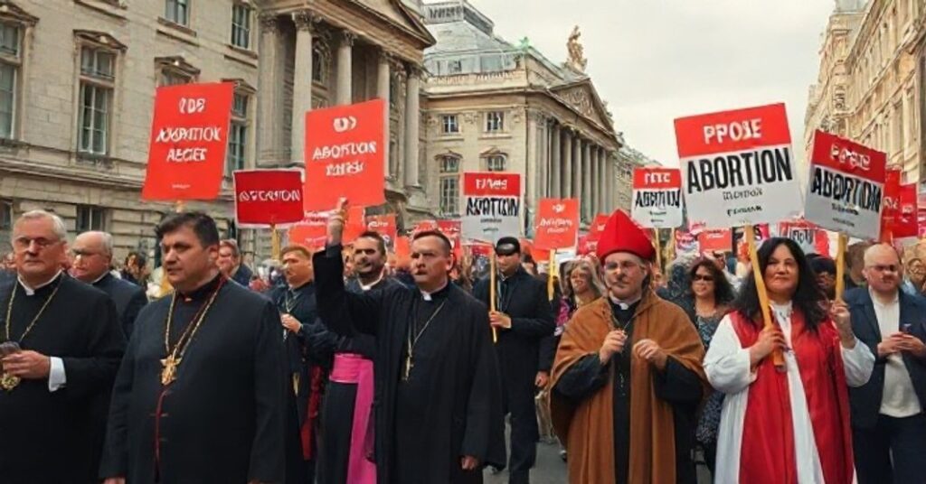 Sentymentalny obraz katolickiego protestu przeciw aborcji w Londynie, z uczestnikami w poważnej modlitewnej atmosferze przed budynkami rządowymi, odzwierciedlający głęboką religijną postawę.