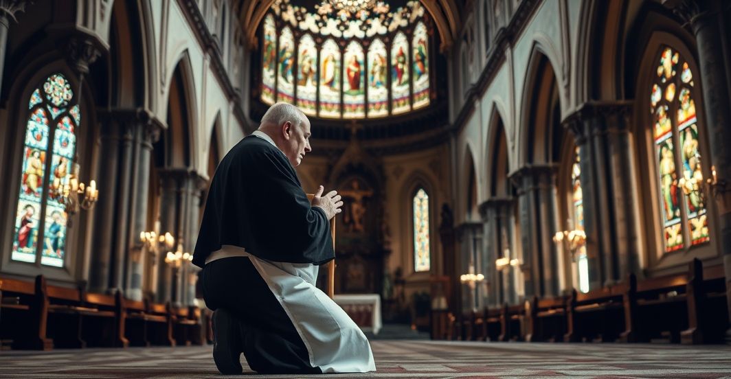 Katolicki mężczyzna w modlitwie w kościele, symbolizujący autentyczną duchowość katolicką