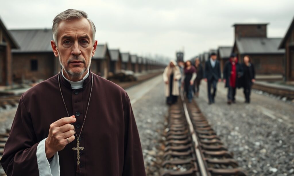 Mężczyzna katolicki modlący się w Auschwitz-Birkenau z różańcem w ręku, podczas gdy grupa osób innych religii oddala się w tle.