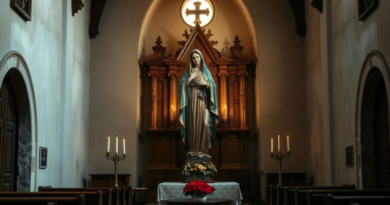 Obraz realistyczny wewnątrz katolickiej świątyni z ołtarzem i starą figurą Matki Bożej Macareny, ukazujący powagę i religijny szacunek