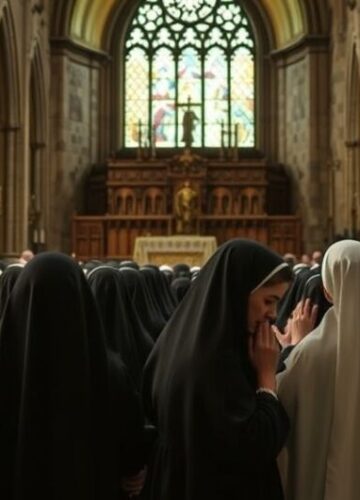 Tradycyjny katolicki obrzęd w katedrze z zakonnicami i duchownymi Realistyczne, pełne szacunku przedstawienie katolickiego obrzędu w tradycyjnej katedrze, z zakonnicami i duchownymi w liturgicznych strojach, ukazujące powagę i wierność wierze katolickiej.