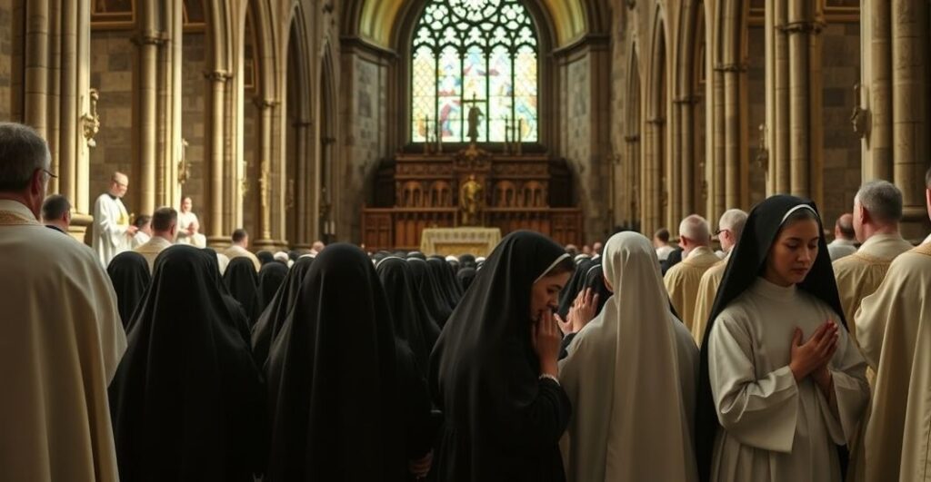 Realistyczne, pełne szacunku przedstawienie katolickiego obrzędu w tradycyjnej katedrze, z zakonnicami i duchownymi w liturgicznych strojach, ukazujące powagę i wierność wierze katolickiej.