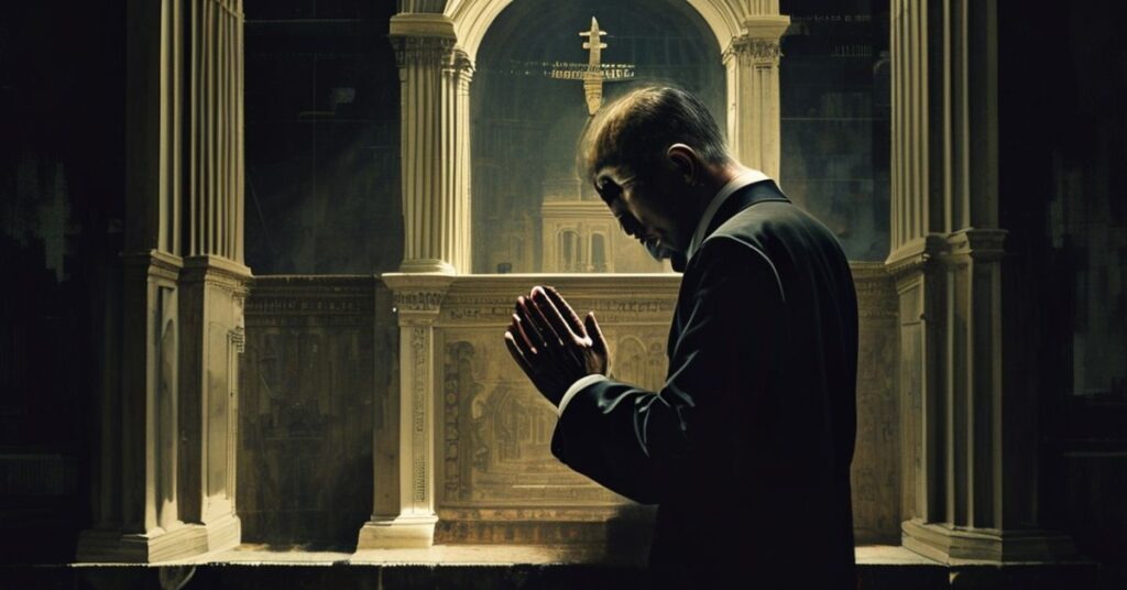 Człowiek modlący się na tradycyjnym ołtarzu katolickim z cieniu systemu e-Faktur w tle. Symbolizuje walkę wiary z kontrolą państwa.